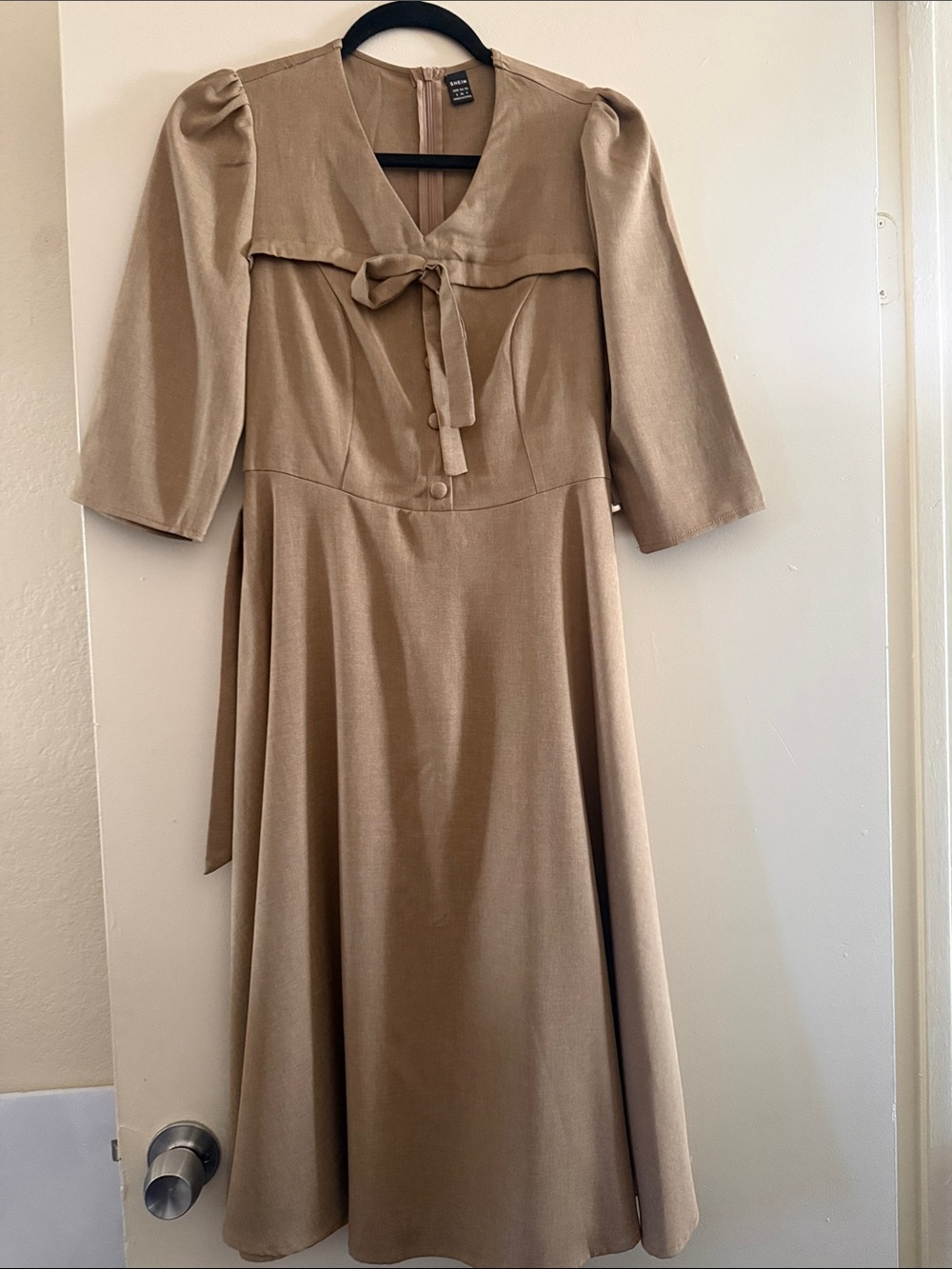 SHEIN Tan Midi Dress with Tie Neck